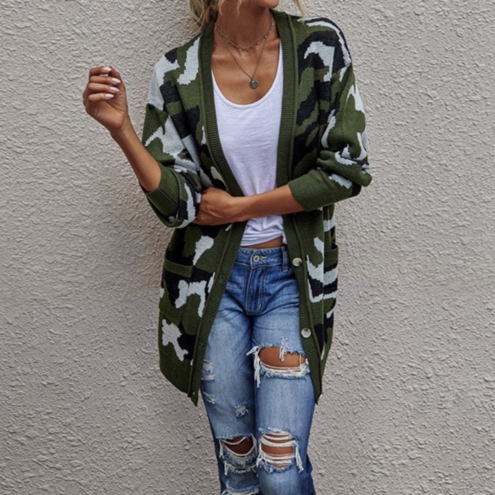 SOLD OUT CLEARANCE Olive Camouflage Button Front Knit Cardigan - Picture 2 of 8